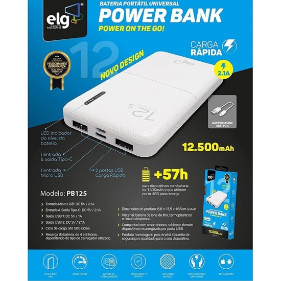 Carregador portatil power bank USB 12.500Mah ELG